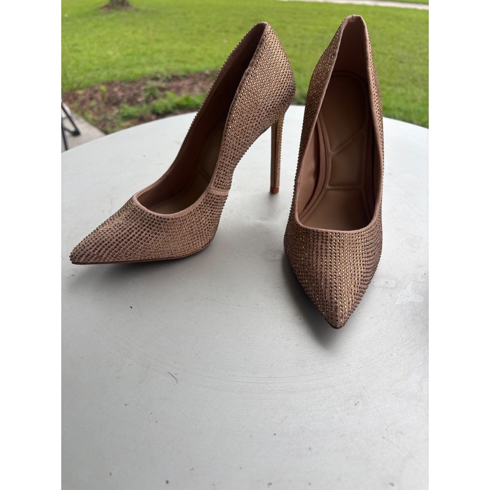 Aldo Stessy 2.0 Rhinestone Pointed Toe Pumps Tan Gold Stiletto Heels Pillow Walk